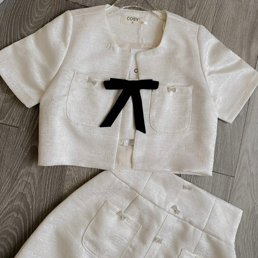 Sét 3 món: Áo khoác dạ tweed dáng crotop + Áo bra + Chân váy chữ A đính nơ đá tiểu thư siêu xinh