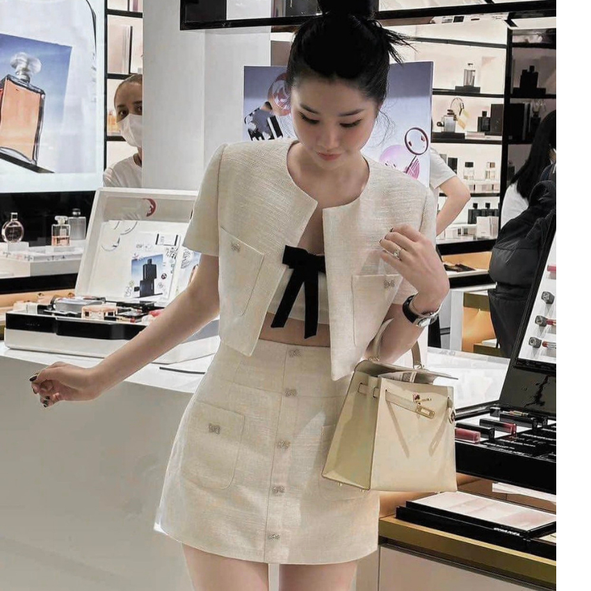 Sét 3 món: Áo khoác dạ tweed dáng crotop + Áo bra + Chân váy chữ A đính nơ đá tiểu thư siêu xinh