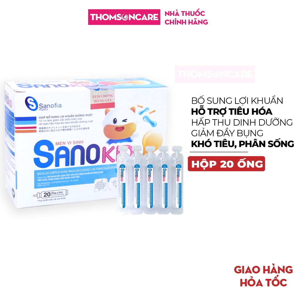 Men vi sinh SanoKid Sanofia France, giúp lợi khuẩn đường ruột, ngăn ngừa tình trạng tiêu chảy - Hộp 20 ống 5ml