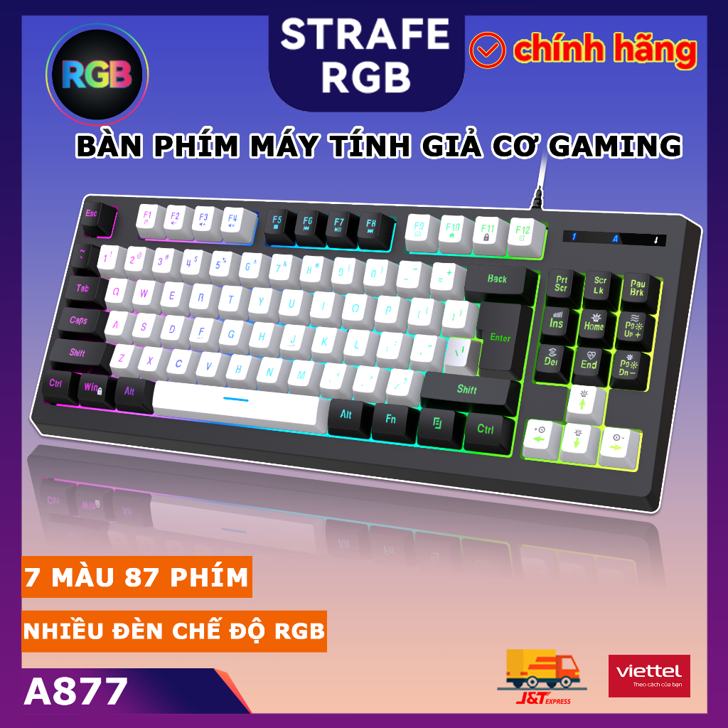 Bàn phím máy tính gaming có dây full size phím giả cơ LED RGB 87 Phím 7 Màu phù hợp dân văn phòng và game thủ