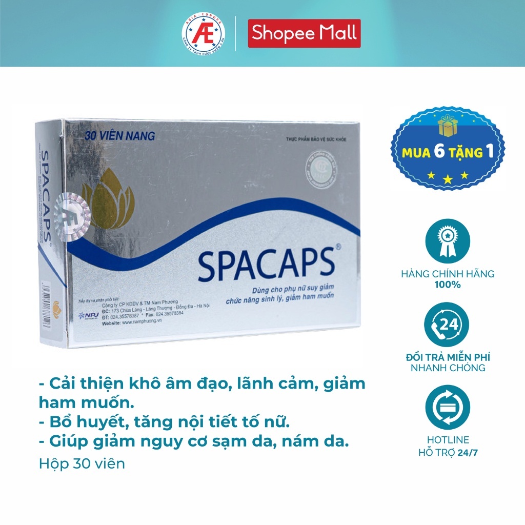 Spacaps hỗ trợ cải thiện khô âm đạo, giảm ham muốn, giảm nguy cơ sạm da, nám da, giúp bổ huyết, tăng nội tiết tố nữ.