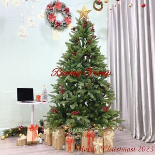 Cây thông Noel Pe 2 màu lá gắn trái thông và trái đỏ- Cây tự động trang trí Giáng Sinh Hàng Việt Nam cao cấp