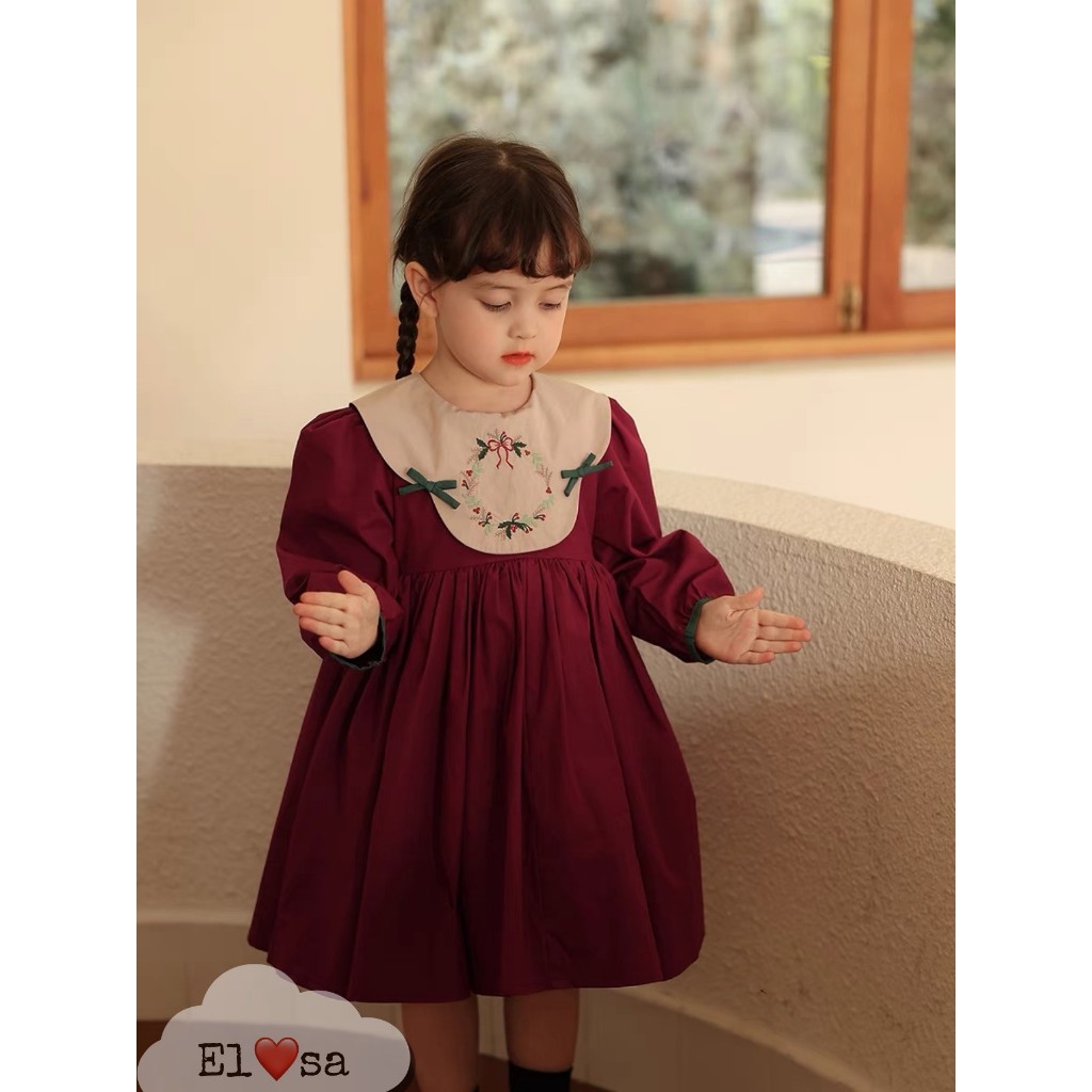 Váy bé gái thô cổ thêu hoa nhí dài tay dáng babydoll 8-30kg XHN1453