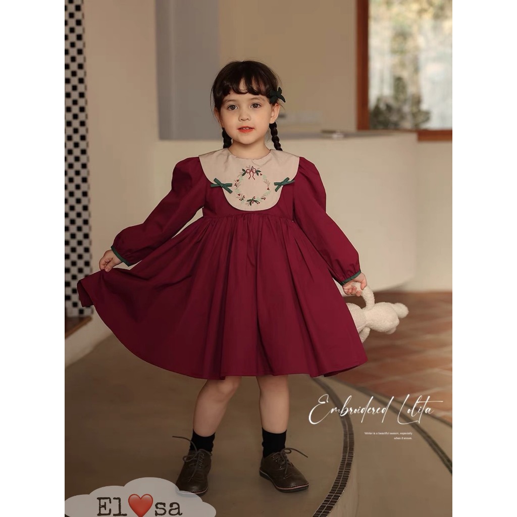 Váy bé gái thô cổ thêu hoa nhí dài tay dáng babydoll 8-30kg XHN1453
