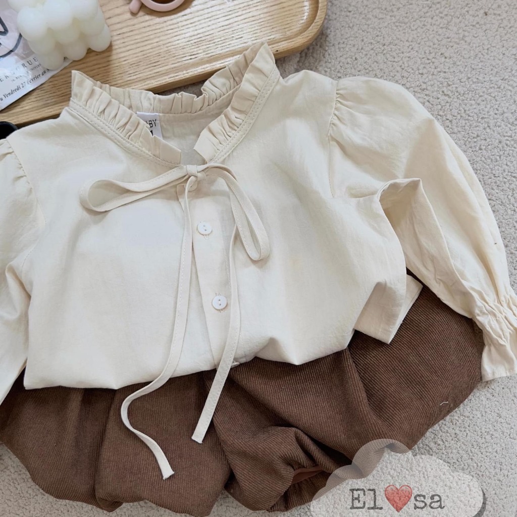 Đồ bộ bé gái_Set bí ngô 3 chi tiết gồm áo ghi lê tăm nhung, áo trắng và quần bí ngô 2 lớp 8-20kg XHN1454