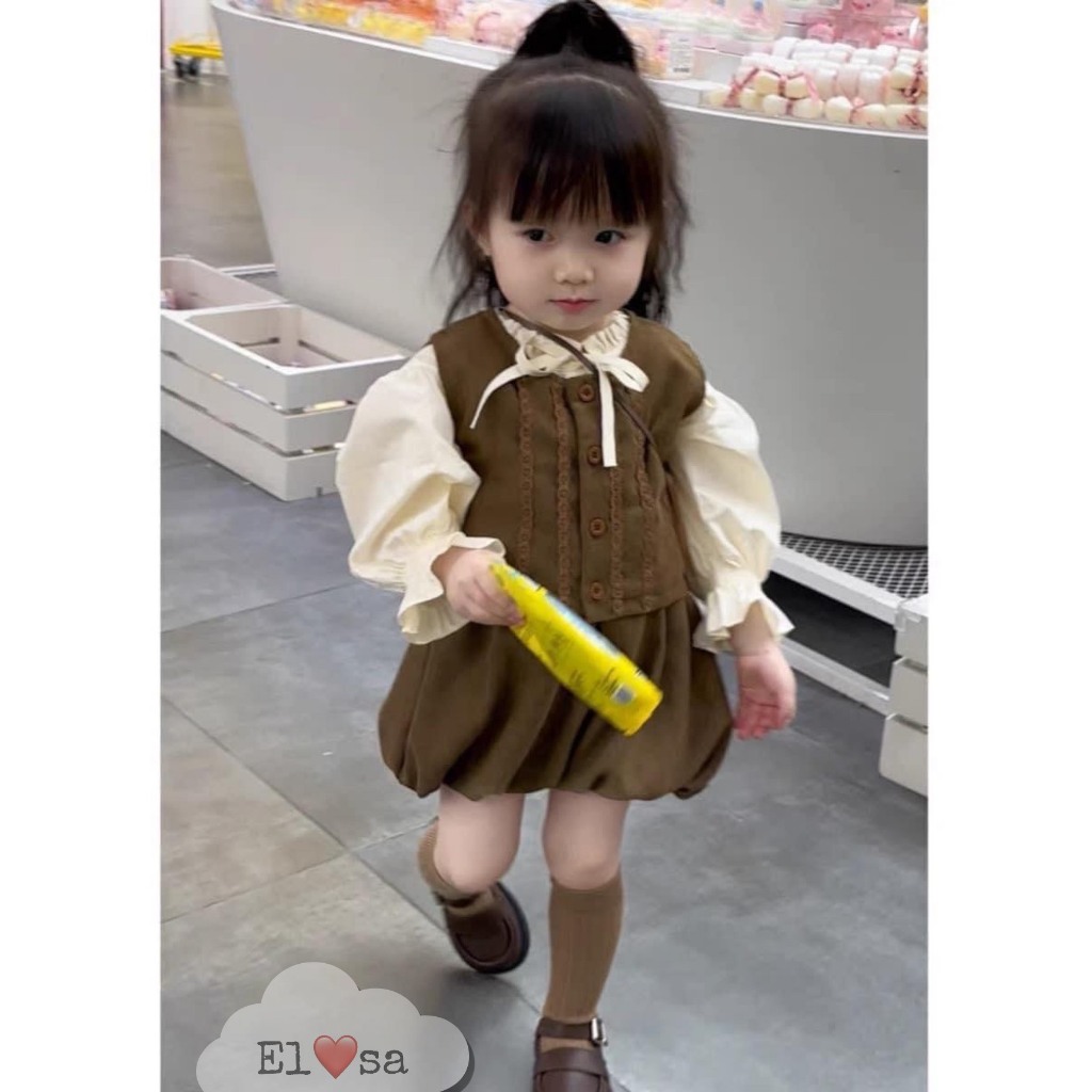 Đồ bộ bé gái_Set bí ngô 3 chi tiết gồm áo ghi lê tăm nhung, áo trắng và quần bí ngô 2 lớp 8-20kg XHN1454