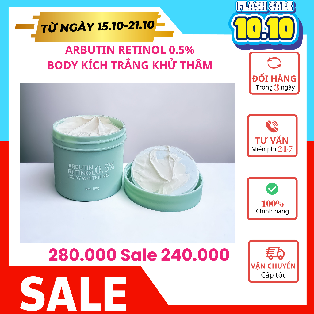 Arbutin Retinol 0.5%-Kem dưỡng trắng da cấp tốc, kích trắng toàn thân,Dưỡng trắng da Retinol 0.5% 200gr
