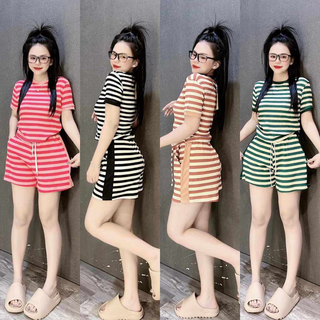 Đồ bộ nữ, set đồ bộ quần lửng ngố có túi và áo tay ngắn form rộng sọc vải thun cotton gân, đồ mặc ở nhà