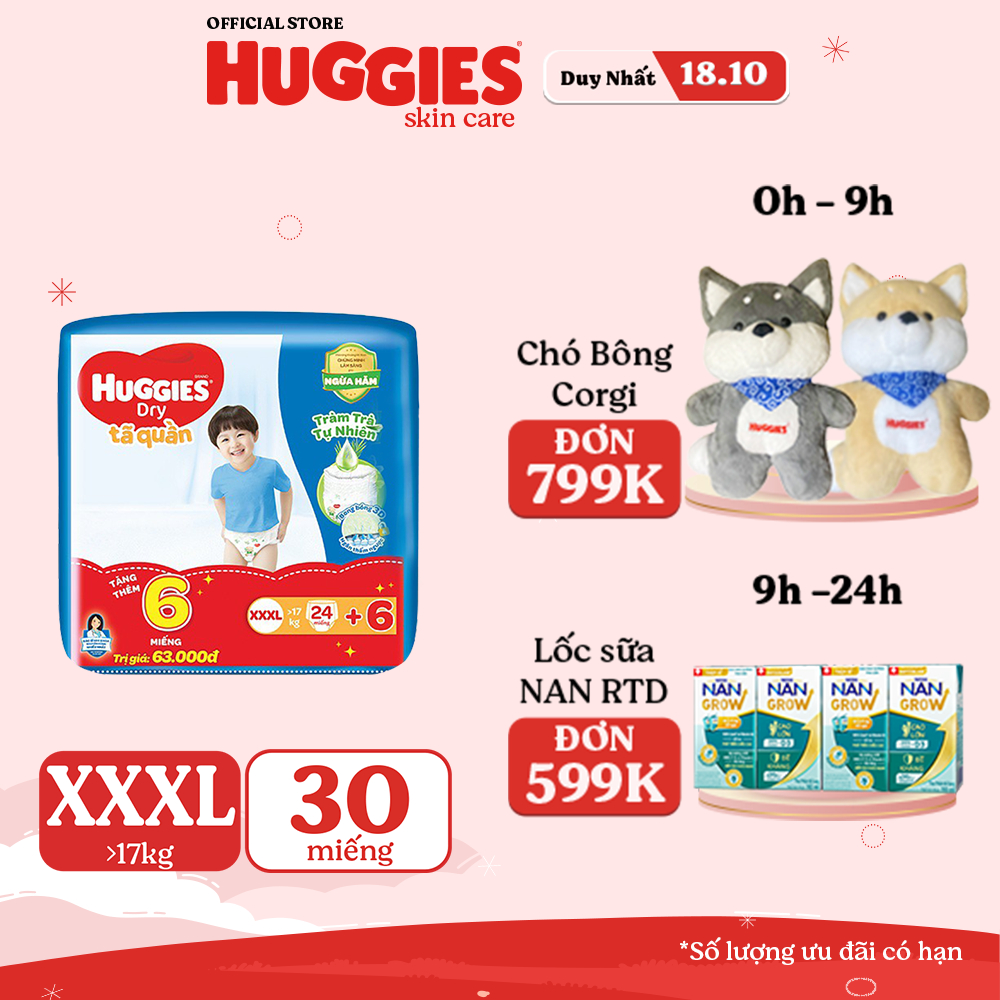 [HUGFEB15B -10% max 60k đơn 400k]Tã quần Huggies Tràm Trà Tự Nhiên XXXL24 + 6 miếng:Chính Hãng