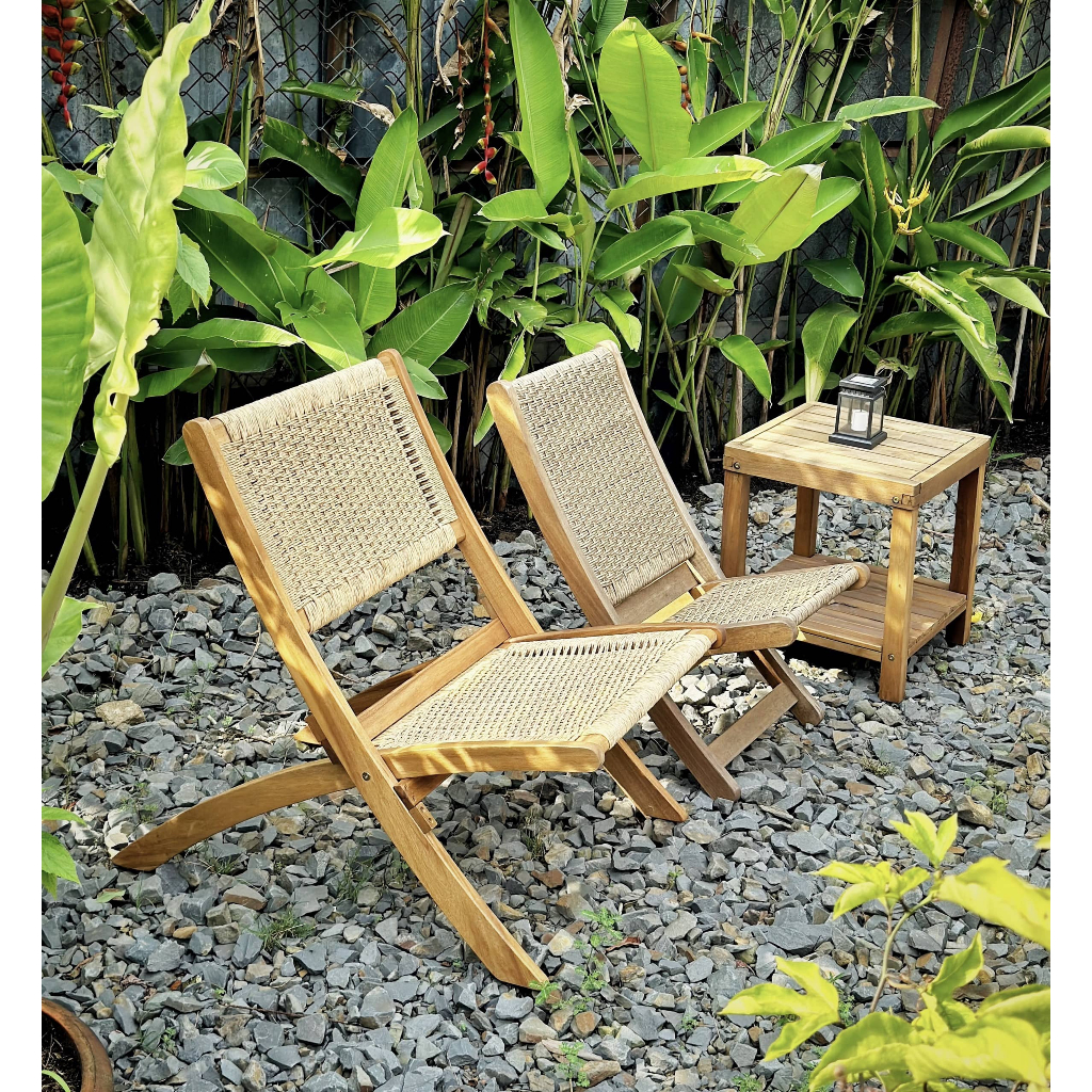 Ghế gỗ tràm bông đan mây thư giãn, để quán cafe, sân vườn căn hộ