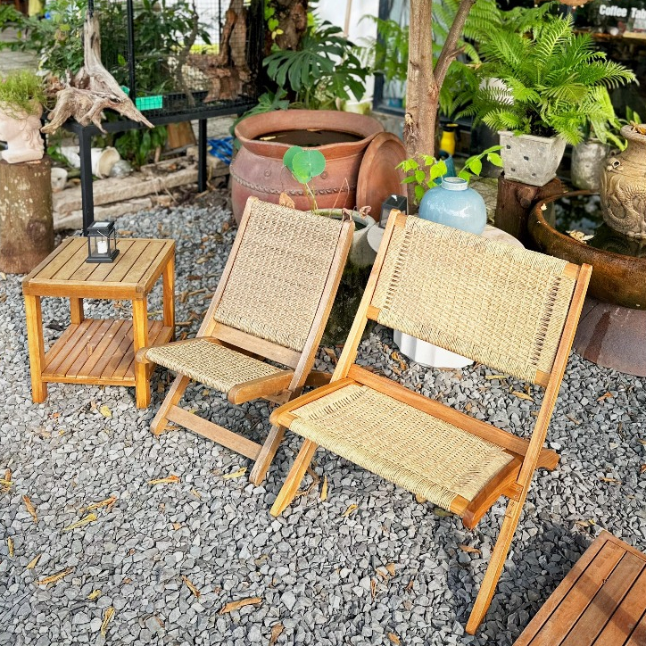 Ghế gỗ tràm bông đan mây thư giãn, để quán cafe, sân vườn căn hộ
