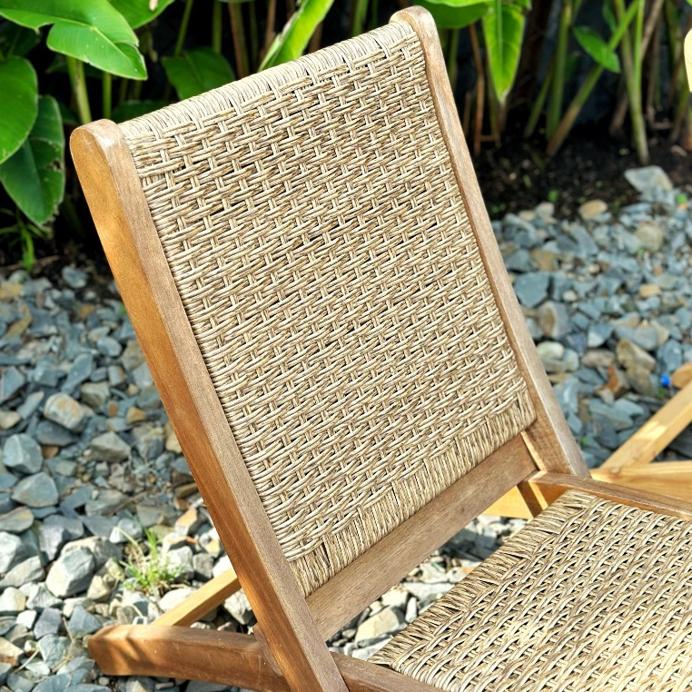 Ghế gỗ tràm bông đan mây thư giãn, để quán cafe, sân vườn căn hộ