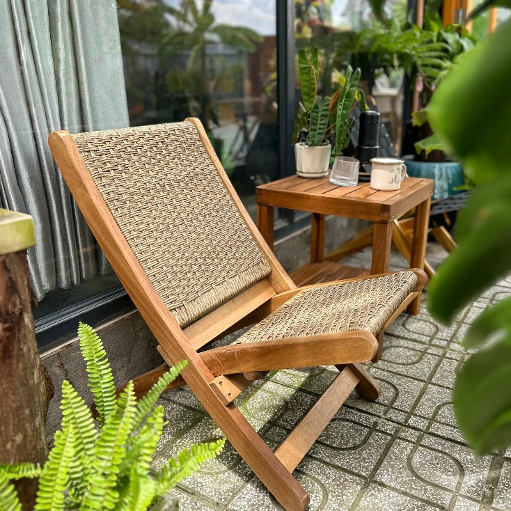 Ghế gỗ tràm bông đan mây thư giãn, để quán cafe, sân vườn căn hộ