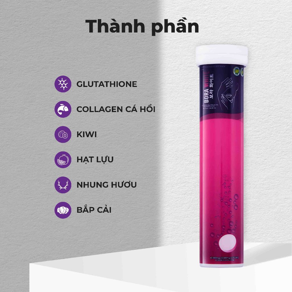 ( DATE 3-2025) Viên Sủi Trắng Da Mờ Nám BORA WHITE Công Nghệ Hàn Quốc Lọ 20 viên