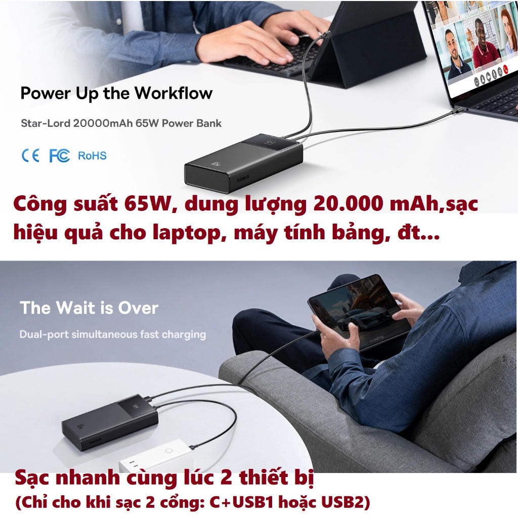 Pin dự phòng sạc nhanh 65W dung lượng 20.000mA cho laptop máy tính bảng Baseus Star lord PPXJ2065