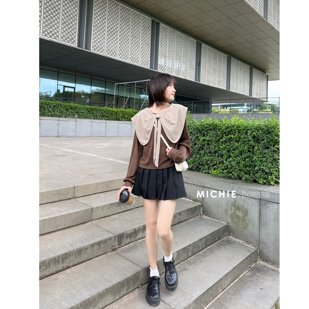 Áo Sơ Mi Dài Tay Cổ Sen Phối Màu Mặc 2 Kiểu michie.house Chất Thun Tăm Trơn Thu Đông - A345