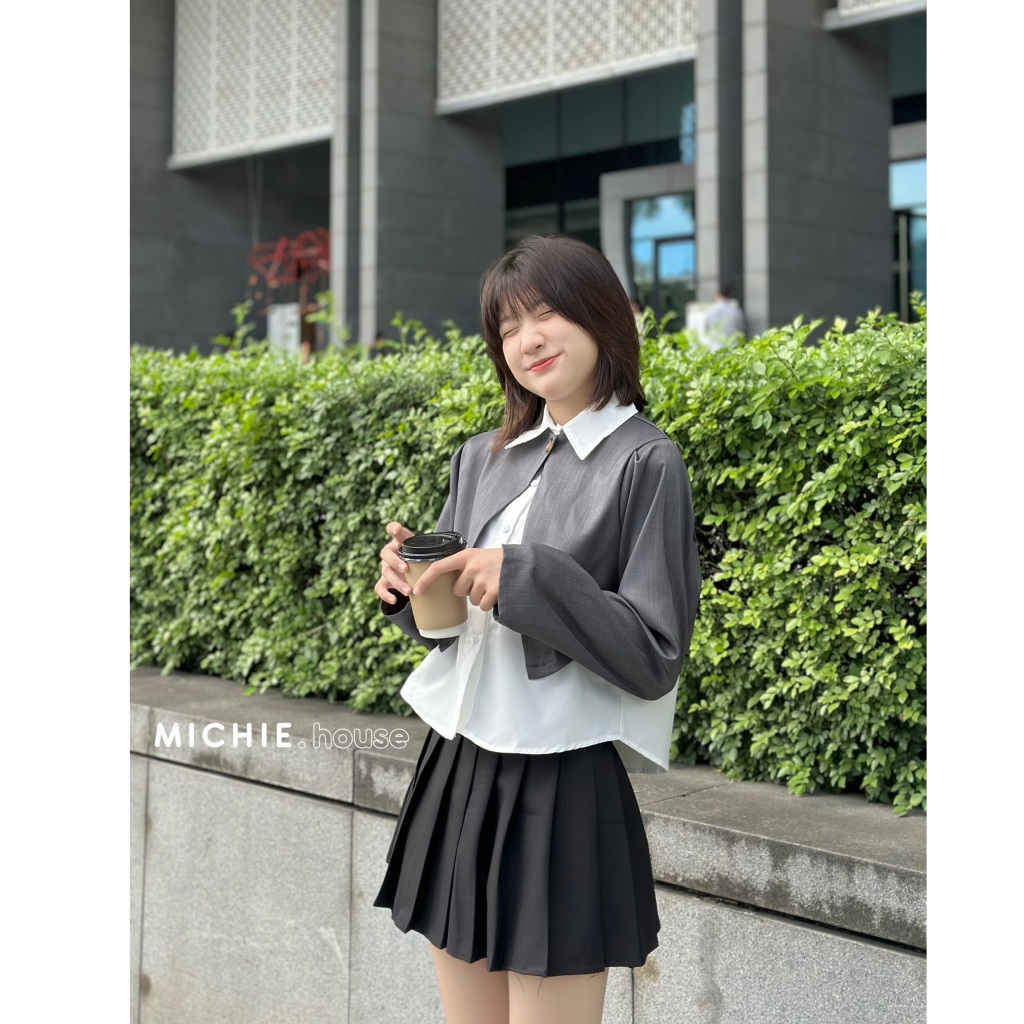 Set Áo Sơ Mi Phối Khoác Vest Xẻ Chéo Croptop michie.house Thời Trang Nữ Thu Đông - S130