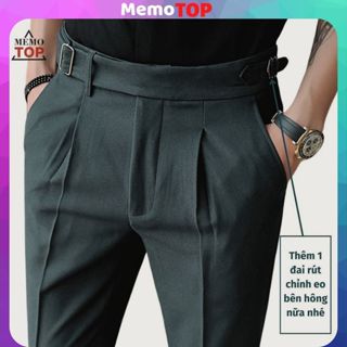 Quần tây nam cạp cao sidetab đai lệch MEMOTOP tự chỉnh eo, Quần âu baggy kiểu mới đẹp lịch lãm màu xám, đen, be kem