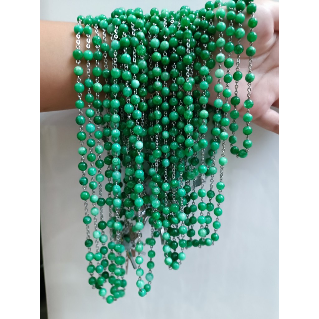 Chuỗi tràng hạt mân côi mã não màu xanh, màu nâu 55 hạt 6li, thánh giá Chúa Benedicto kim loại quà tặng công giáo