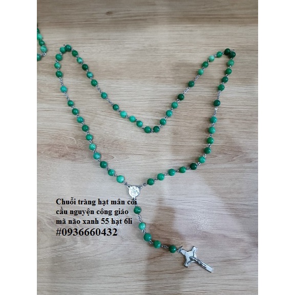 Chuỗi tràng hạt mân côi mã não màu xanh, màu nâu 55 hạt 6li, thánh giá Chúa Benedicto kim loại quà tặng công giáo