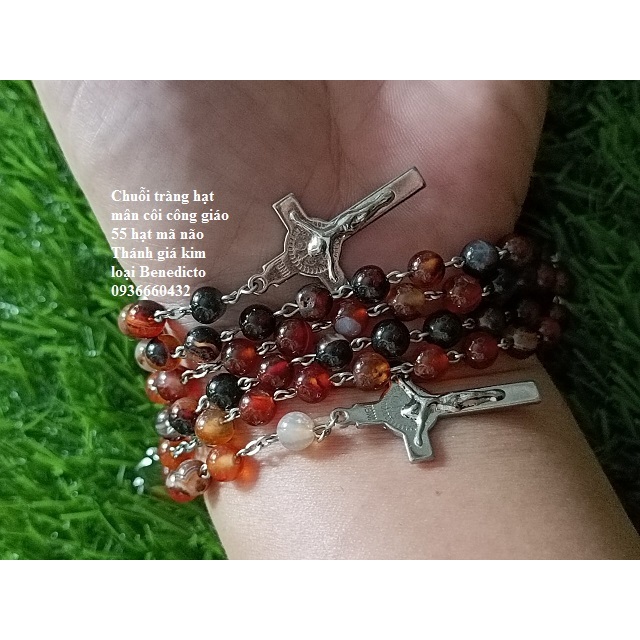 Chuỗi tràng hạt mân côi mã não màu xanh, màu nâu 55 hạt 6li, thánh giá Chúa Benedicto kim loại quà tặng công giáo