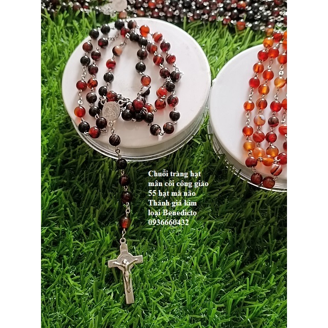 Chuỗi tràng hạt mân côi mã não màu xanh, màu nâu 55 hạt 6li, thánh giá Chúa Benedicto kim loại quà tặng công giáo