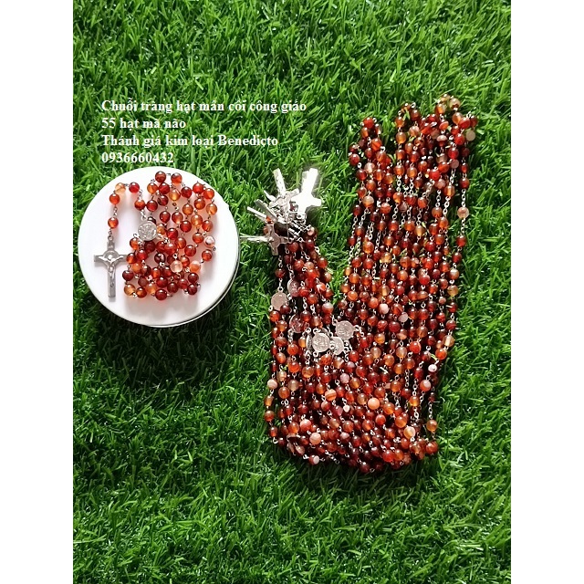 Chuỗi tràng hạt mân côi mã não màu xanh, màu nâu 55 hạt 6li, thánh giá Chúa Benedicto kim loại quà tặng công giáo