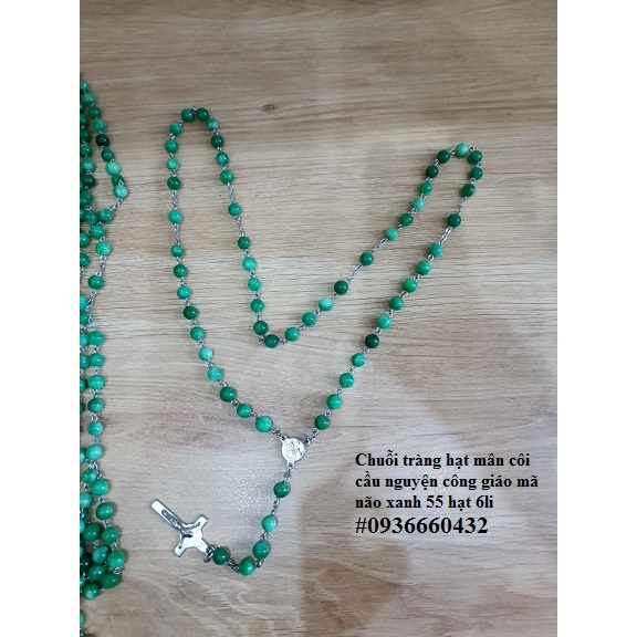 Chuỗi tràng hạt mân côi mã não màu xanh, màu nâu 55 hạt 6li, thánh giá Chúa Benedicto kim loại quà tặng công giáo