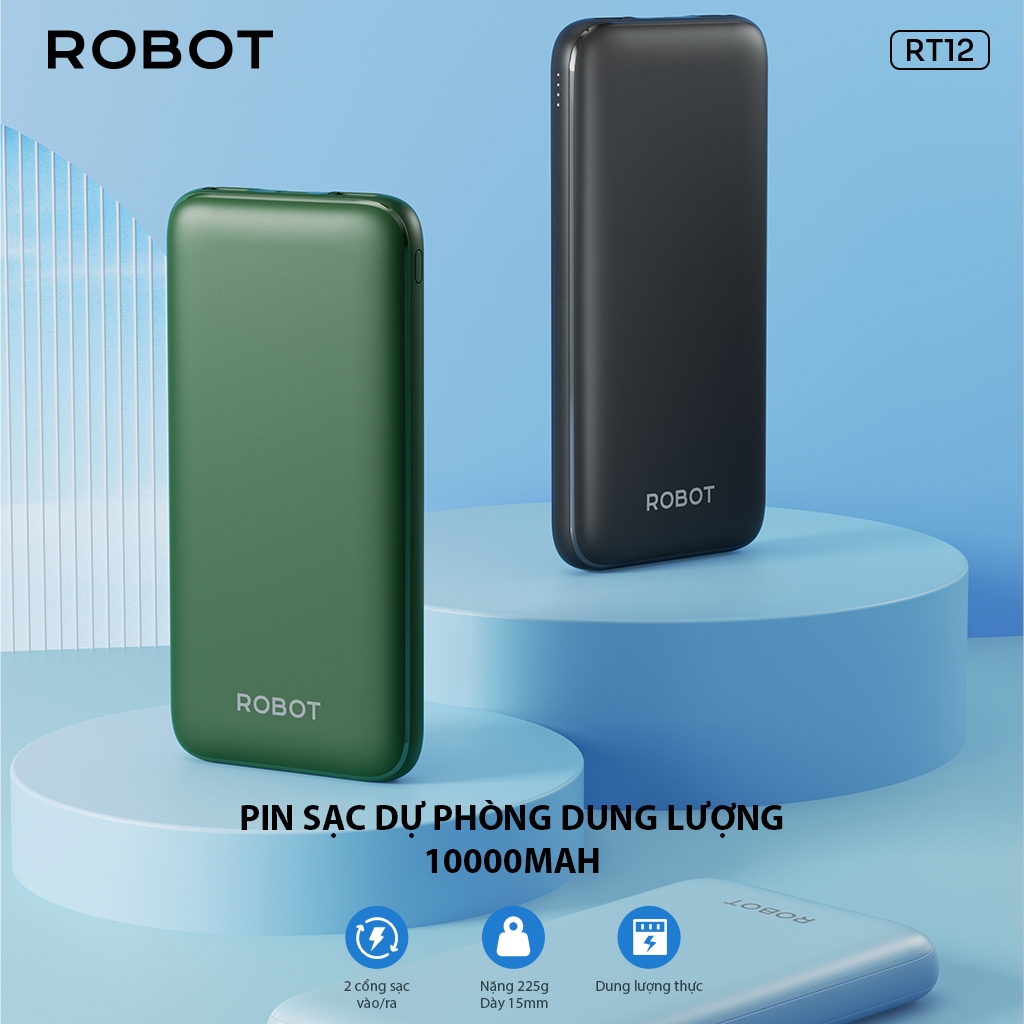 [BH 1 Năm] Pin Sạc Dự Phòng ROBOT RT12 Dung lượng 10.000 mAh 2 cổng sạc IN/OUT - Chính Hãng