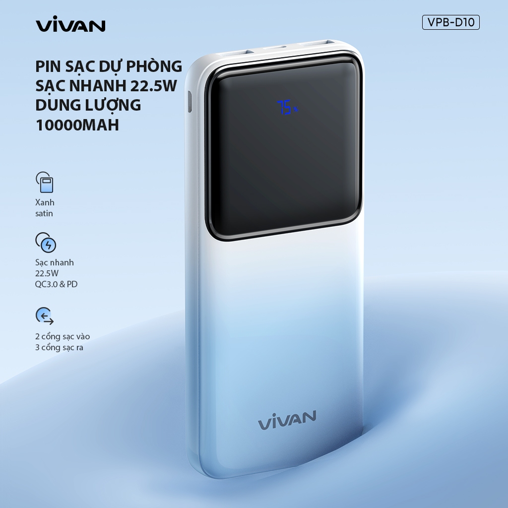 Pin Sạc Dự Phòng VIVAN VPB-D10 Dung lượng 10.000 mAh Sạc nhanh 22.5W QC3.0 & PD 2 cổng sạc vào 3 cổng sạc ra