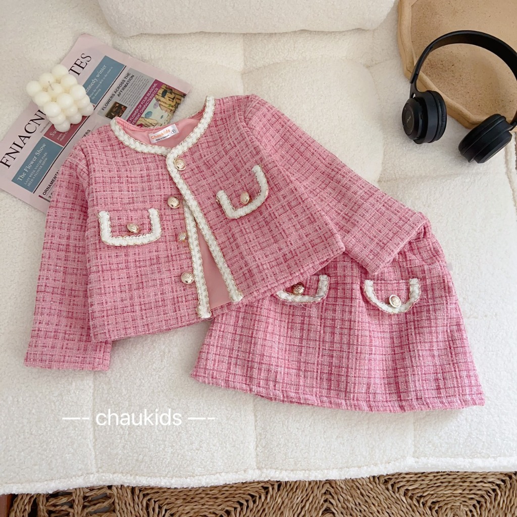 Set áo khoác dạ tweet kèm váy cho bé gái 10-36kg size đại Váy thu đông cho bé gái diện Tết, Noel Hadukids