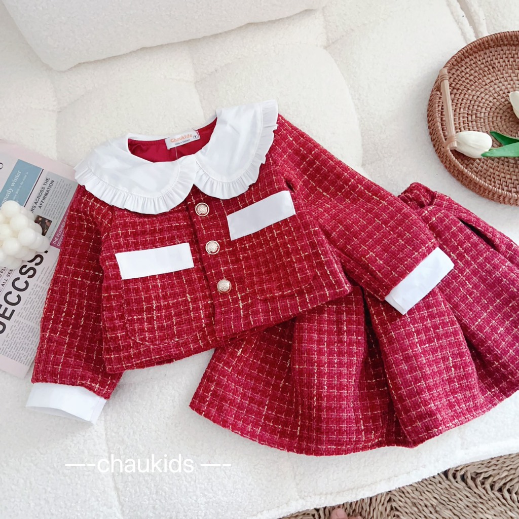 Set áo khoác dạ tweet kèm váy cho bé gái 10-36kg size đại Váy thu đông cho bé gái diện Tết, Noel Hadukids