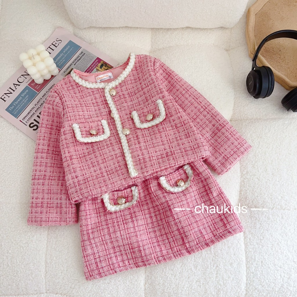 Set áo khoác dạ tweet kèm váy cho bé gái 10-36kg size đại Váy thu đông cho bé gái diện Tết, Noel Hadukids