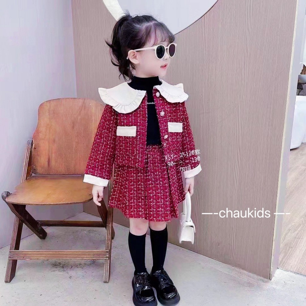 Set áo khoác dạ tweet kèm váy cho bé gái 10-36kg size đại Váy thu đông cho bé gái diện Tết, Noel Hadukids