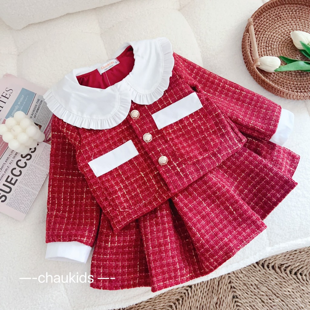 Set áo khoác dạ tweet kèm váy cho bé gái 10-36kg size đại Váy thu đông cho bé gái diện Tết, Noel Hadukids