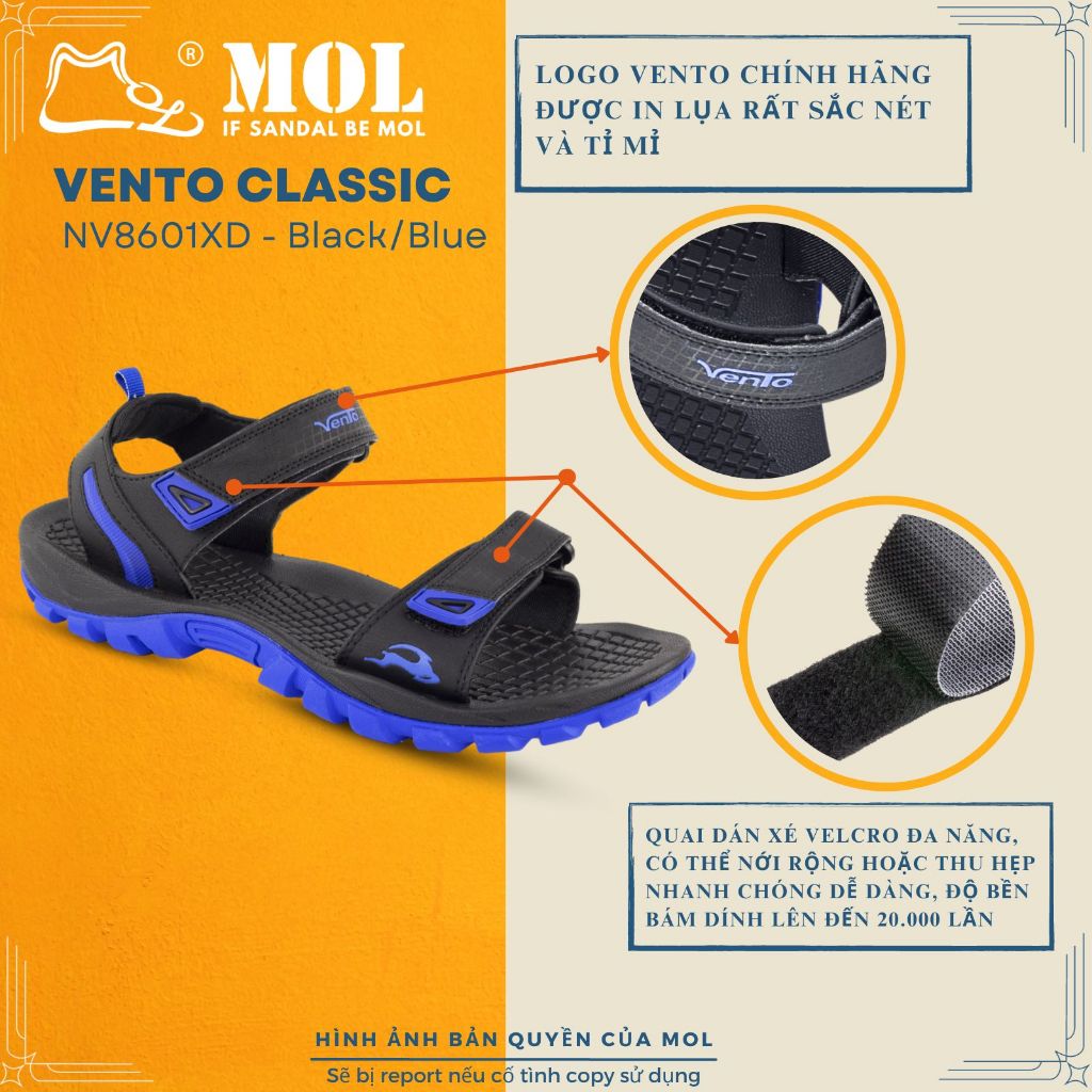 Sandal nam chính hãng hiệu Vento 2 quai ngang NV8601XD màu đen phối xanh dương