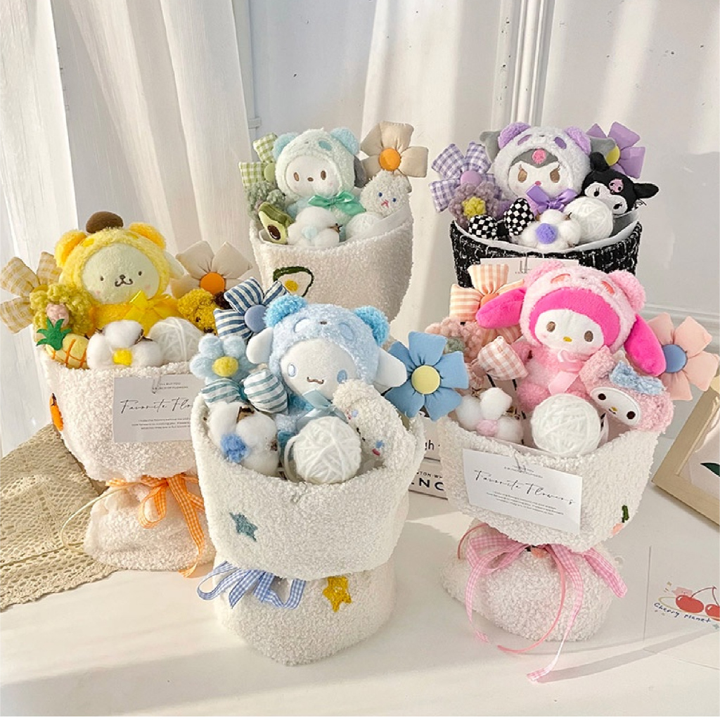 Bó Hoa Búp Bê Hoạt Hình Nhồi Bông Dễ Thương Làm Quà Tặng Sinh Nhật Valentine - Kèm Túi + Thiệp + Đèn