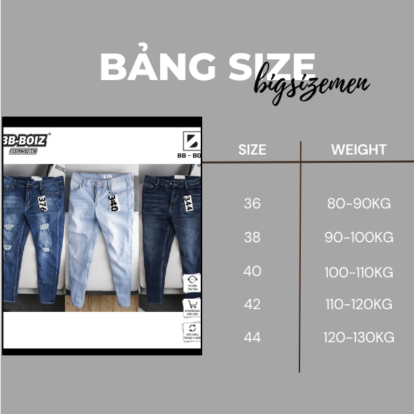 BIGSIZE - Quần jean BB - Boiz dài nam 80 -130kg - Mã 188/độc lạ 67/242=207=186=65/376/340=63/208/025/024/344=490/172