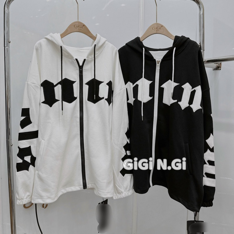 Áo khoác hoodie thêu chữ đen trắng