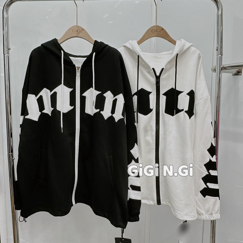 Áo khoác hoodie thêu chữ đen trắng