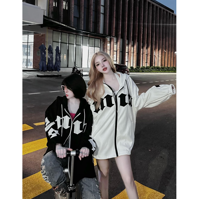 Áo khoác hoodie thêu chữ đen trắng