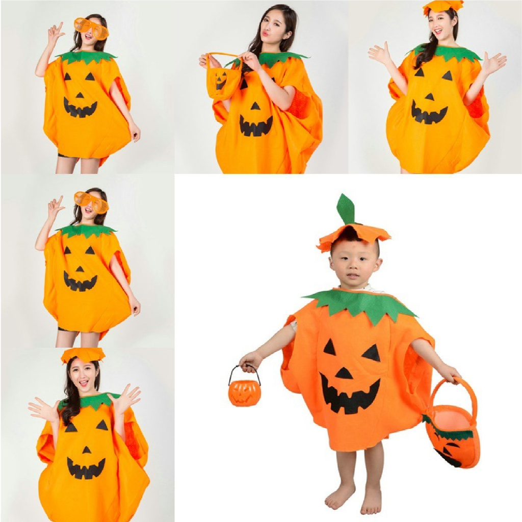 Bộ Áo Bí Ngô Kèm Mũ Hóa Trang Halloween Đủ Size Cho Bé Trai Bé Gái Người Lớn