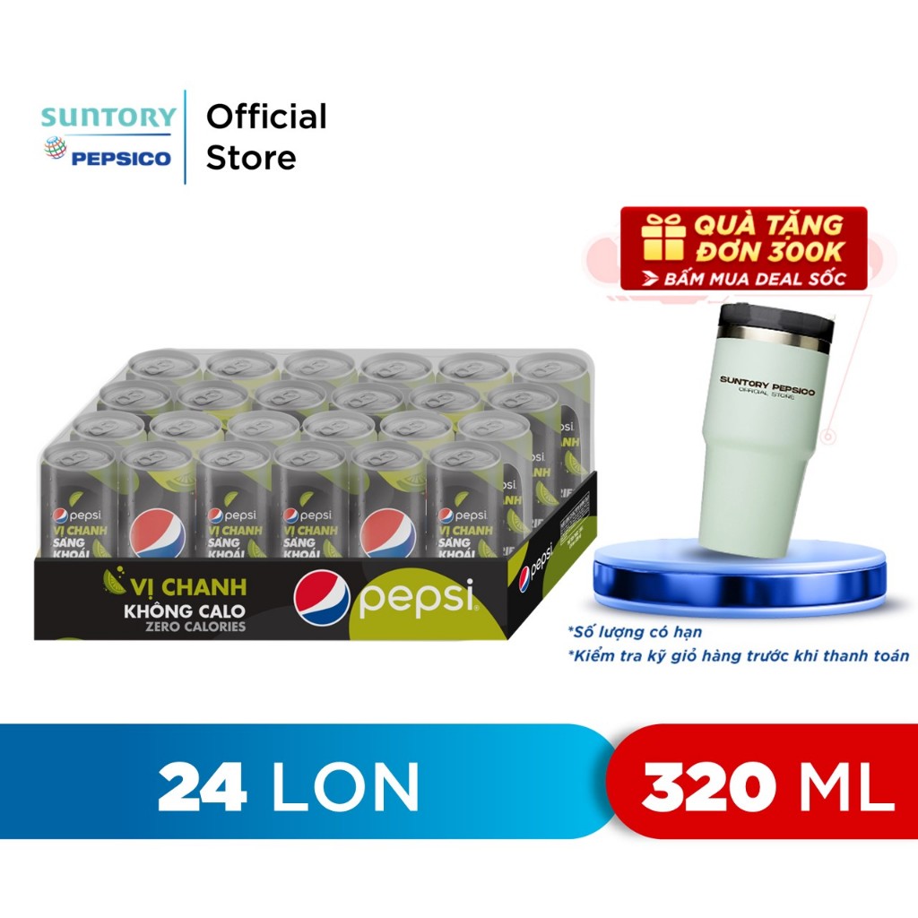 [ĐƠN 300K TẶNG LY][HCM | ĐN | HN]Thùng 24 Lon Nước Uống Có Gaz Pepsi Vị Chanh Không Calo (320ml/lon)