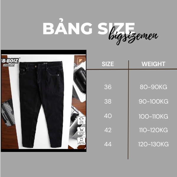 Bigsize - Quần jean dài nam BB - Boiz bigsize 80 - 130kg - Đen muối tiêu, đen xám bạc mã 08=10=371/372/ Mã 10 wash âm d