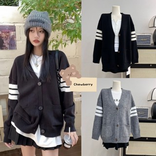  Áo Khoác Cardigan Dáng Dài 2 Tay Kẻ 3 Sọc Trắng Form Rộng 