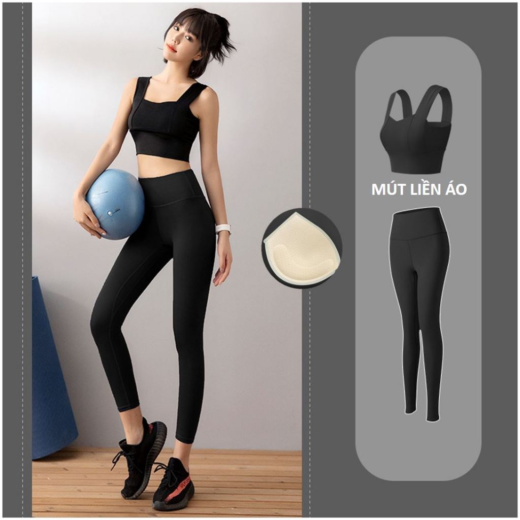 Bộ đồ tập GYM Yoga mút đúc liền vải thun lạnh, Set quần áo thể thao tập Gym Yoga áo bra quần dài legging