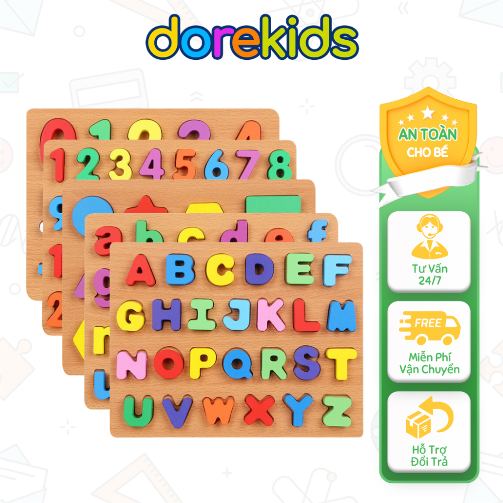 Bảng chữ số, chữ cái Tiếng Việt bằng gỗ nổi, xếp hình Montessori giáo dục sớm cho trẻ