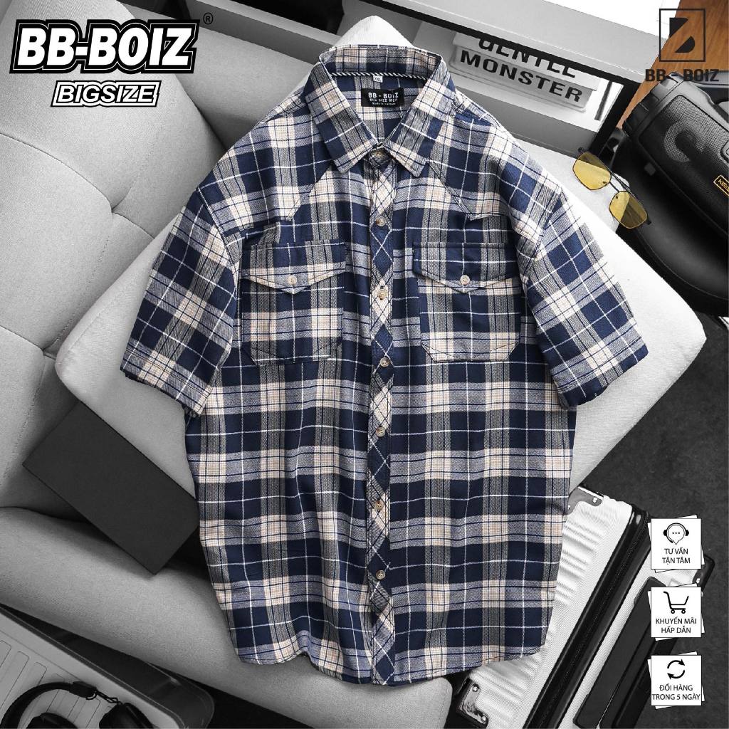 BIGSIZE - Áo sơ mi BB - Boiz sọc caro nỉ tay ngắn 2 túi nam bigsize 80kg - 130kg