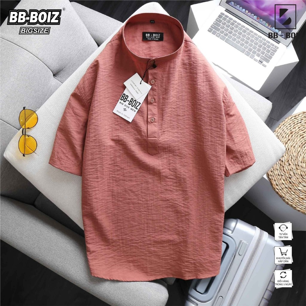 Áo Sơ Mi Nam Tay Ngắn Cổ Trụ Vải Đũi Form Bigsize Màu Cam Đất 70kg - 130kg
