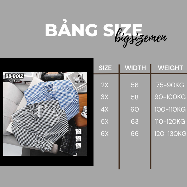 BIGSIZE - Áo sơ mi nam tay dài sọc caro BB - Boiz form bigsize 80kg - 120kg